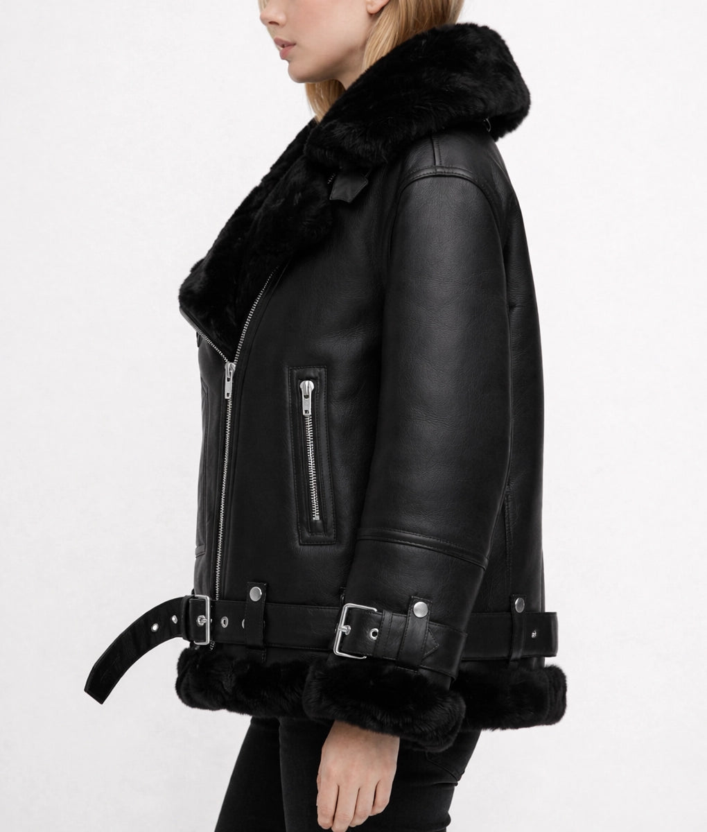 Malona Women's Black Faux Fur Shearling Trim Leather Jacket | Women's Black Faux Fur Shearling Trim Leather Jacket-2