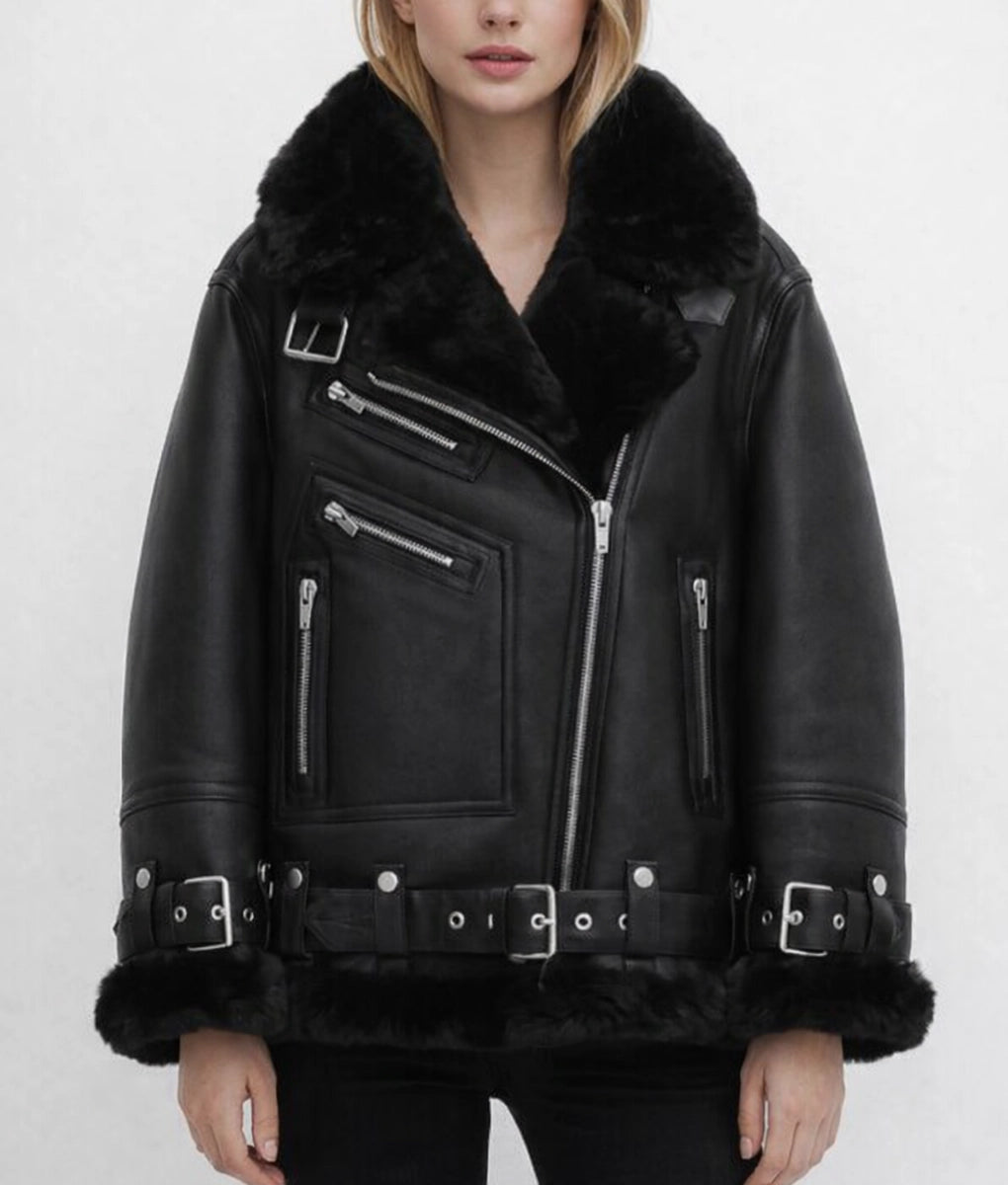 Malona Women's Black Faux Fur Shearling Trim Leather Jacket | Women's Black Faux Fur Shearling Trim Leather Jacket-1