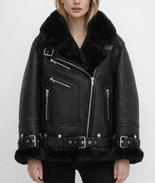 Malona Women's Black Faux Fur Shearling Trim Leather Jacket | Women's Black Faux Fur Shearling Trim Leather Jacket-1