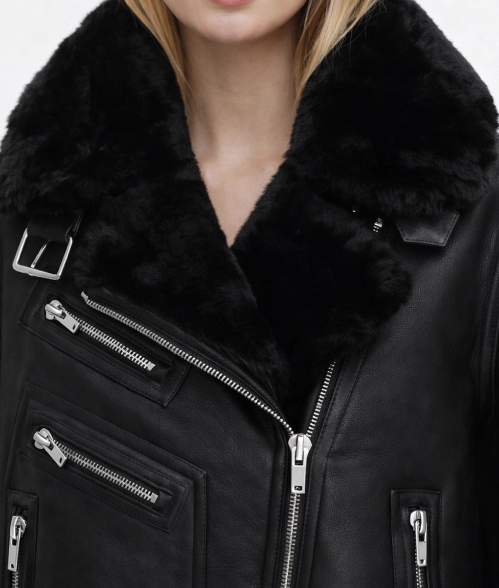 Malona Women's Black Faux Fur Shearling Trim Leather Jacket | Women's Black Faux Fur Shearling Trim Leather Jacket-5