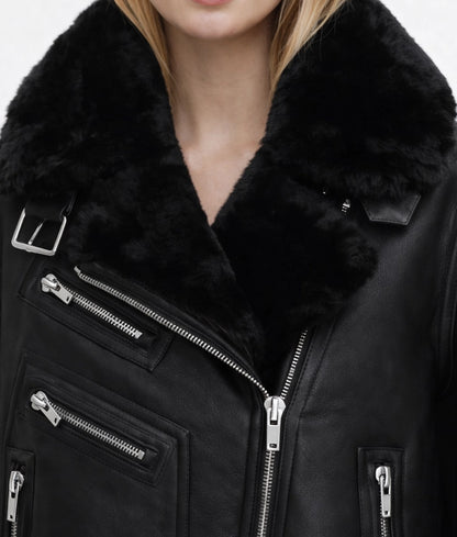 Malona Women's Black Faux Fur Shearling Trim Leather Jacket | Women's Black Faux Fur Shearling Trim Leather Jacket-5