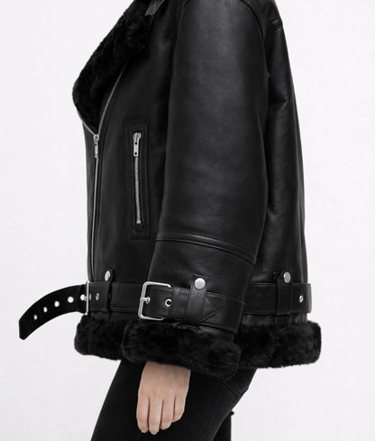 Malona Women's Black Faux Fur Shearling Trim Leather Jacket | Women's Black Faux Fur Shearling Trim Leather Jacket-4