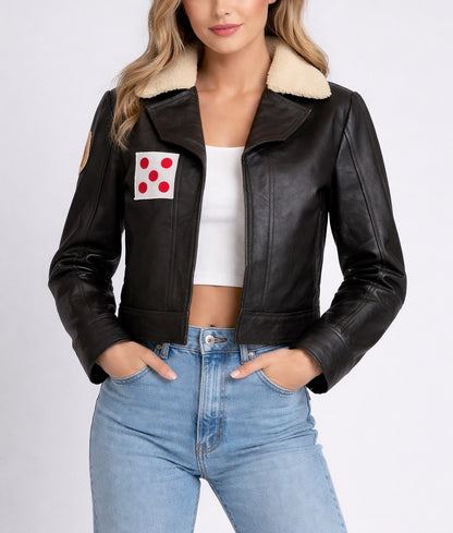 Maria Women's Black Leather Faux Fur Shearling Trim Jacket | Women's Black Leather Faux Fur Shearling Trim Jacket-1