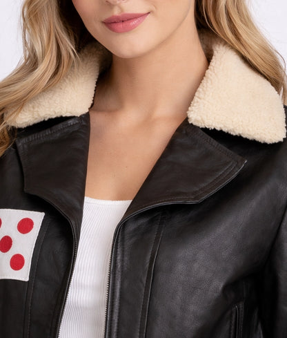 Maria Women's Black Leather Faux Fur Shearling Trim Jacket | Women's Black Leather Faux Fur Shearling Trim Jacket-4