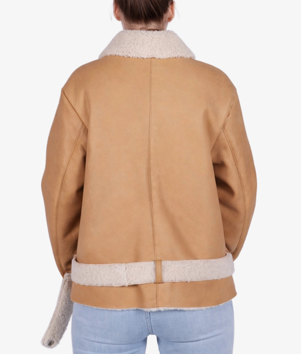 Marilyn Women's Tan B-3 Bomber Faux Fur Shearling Trim Leather Jacket | Women's Tan B-3 Bomber Faux Fur Shearling Trim Leather Jacket-3