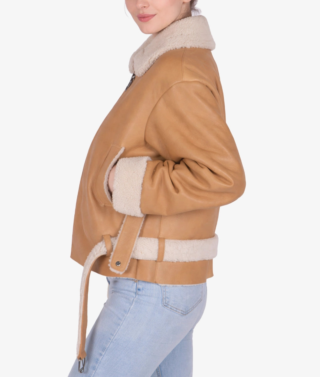 Marilyn Women's Tan B-3 Bomber Faux Fur Shearling Trim Leather Jacket | Women's Tan B-3 Bomber Faux Fur Shearling Trim Leather Jacket-2