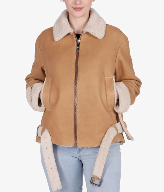 Marilyn Women's Tan B-3 Bomber Faux Fur Shearling Trim Leather Jacket | Women's Tan B-3 Bomber Faux Fur Shearling Trim Leather Jacket-1
