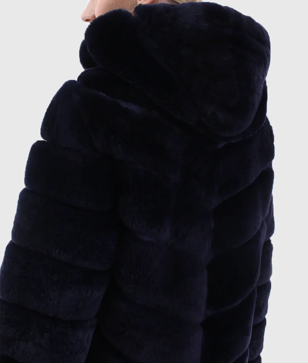 Martins Women Black Chinchilla Hooded Fur Jacket