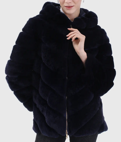 Martins Women Black Chinchilla Hooded Fur Jacket