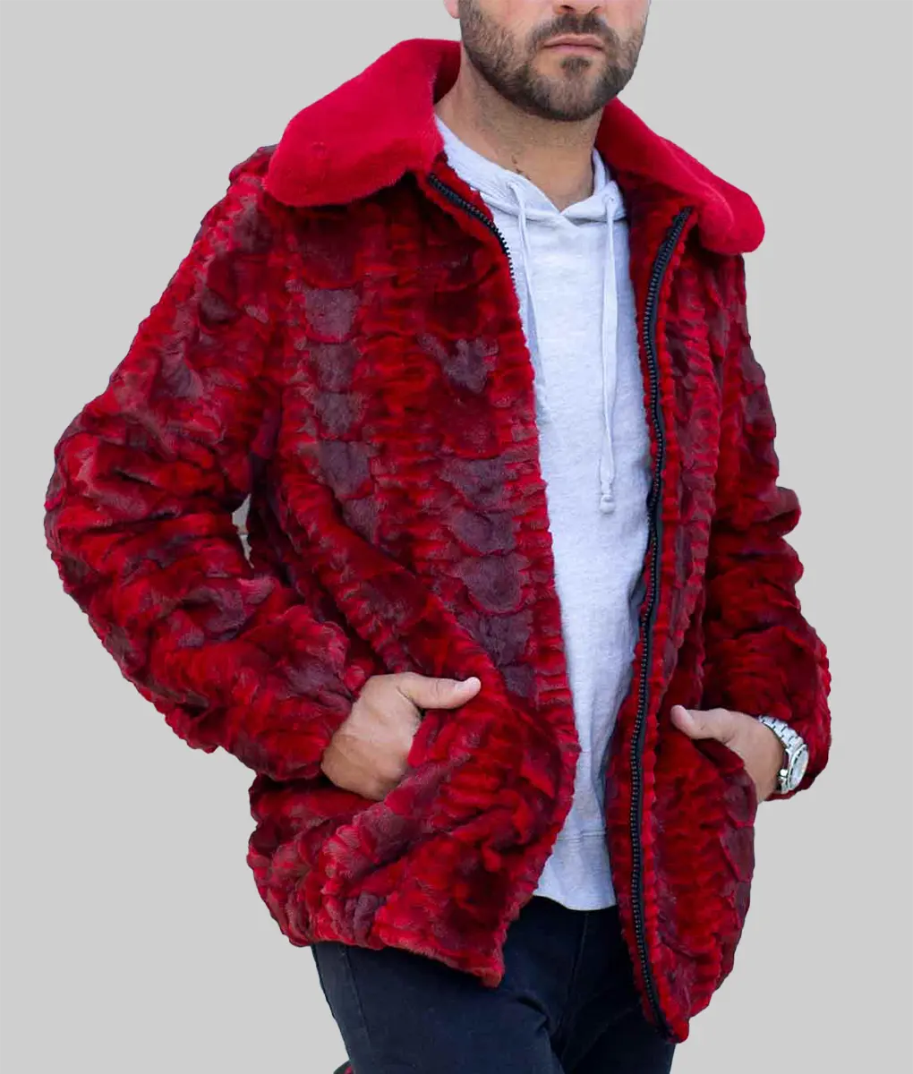 Red Men's Mink Fur Bomber Jacket - Red Full Skin Mink Fur Jacket-3