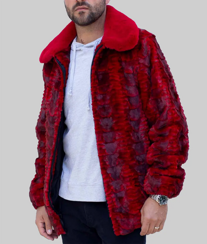 Red Men's Mink Fur Bomber Jacket - Red Full Skin Mink Fur Jacket-1