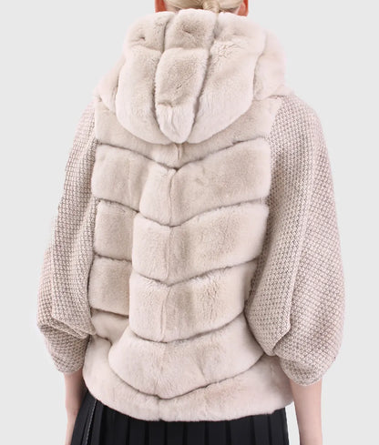 Meol Women White Rex Rabbit Fur Jacket With Hood