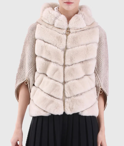 Meol Women White Rex Rabbit Fur Jacket With Hood