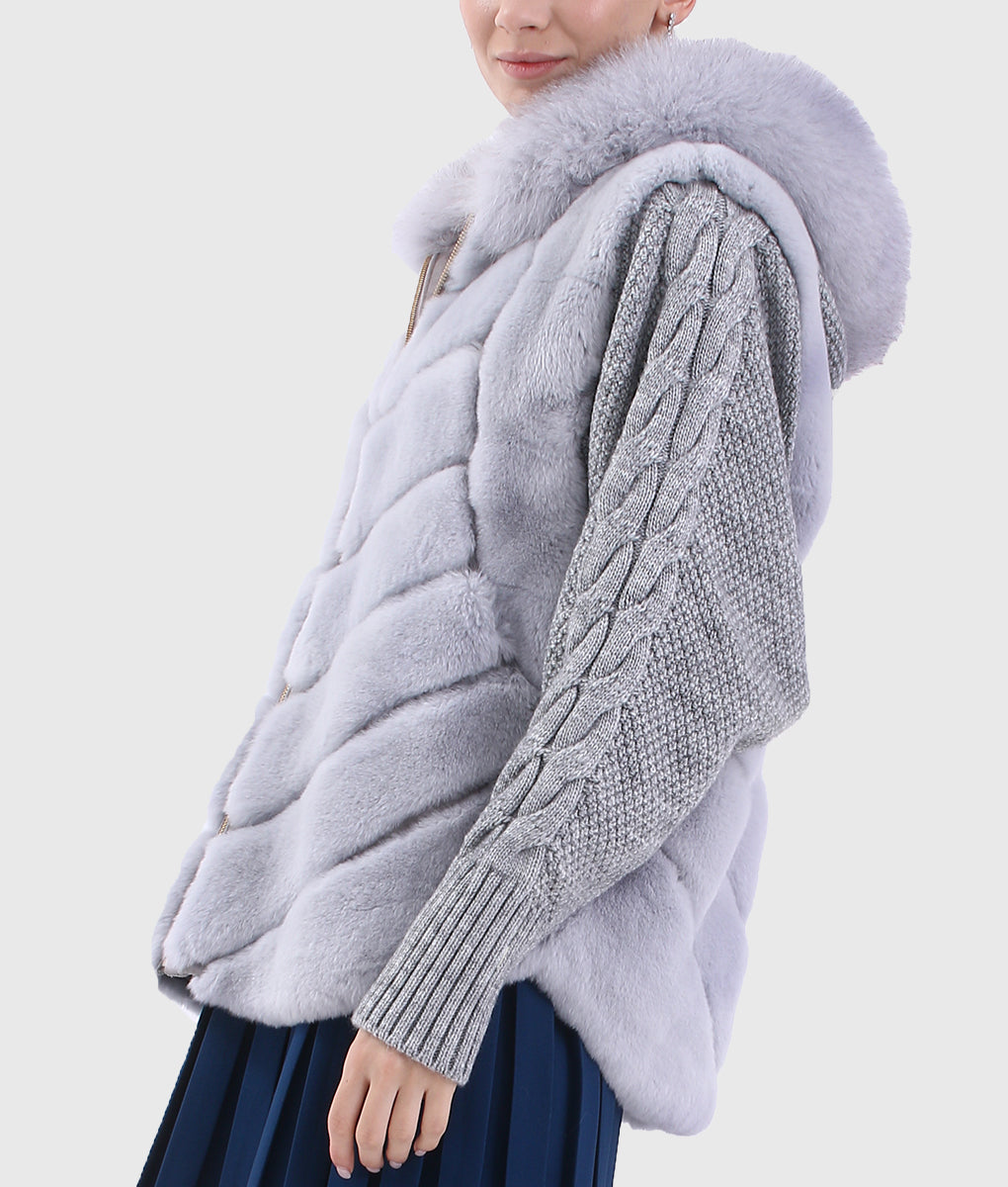 Merinda Women Silver Trimmed Rex Rabbit Hooded Fur Jacket with Fox Fur Collar