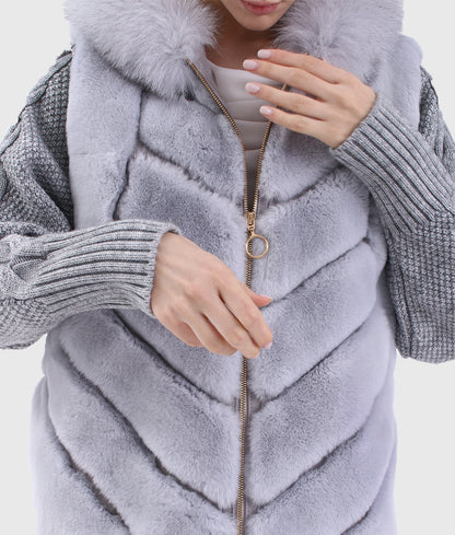 Merinda Women Silver Trimmed Rex Rabbit Hooded Fur Jacket with Fox Fur Collar