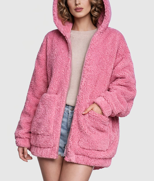 Mona Women's Pink Faux Fur Hooded Shearling Jacket | Women's Pink Faux Fur Hooded Shearling Jacket-3