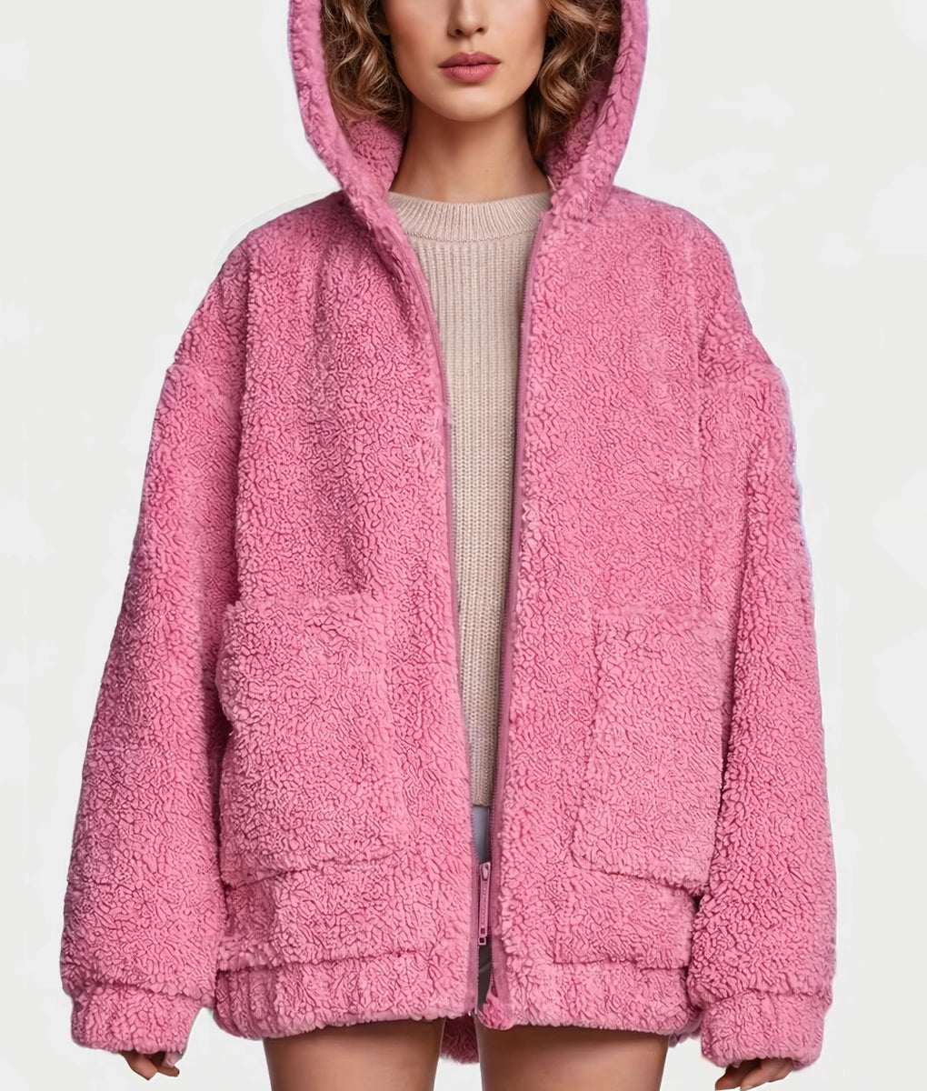 Mona Women's Pink Faux Fur Hooded Shearling Jacket | Women's Pink Faux Fur Hooded Shearling Jacket-1