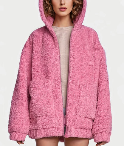 Mona Women's Pink Faux Fur Hooded Shearling Jacket | Women's Pink Faux Fur Hooded Shearling Jacket-1