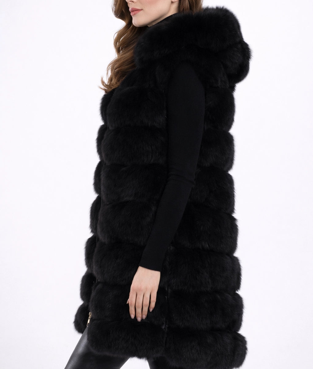 Monica Women’s Black Hooded Real Fox Fur Vest | Women’s Black Hooded Real Fox Fur Vest-3