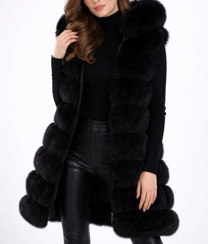 Monica Women’s Black Hooded Real Fox Fur Vest | Women’s Black Hooded Real Fox Fur Vest-2