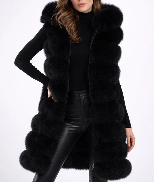 Monica Women’s Black Hooded Real Fox Fur Vest | Women’s Black Hooded Real Fox Fur Vest-1