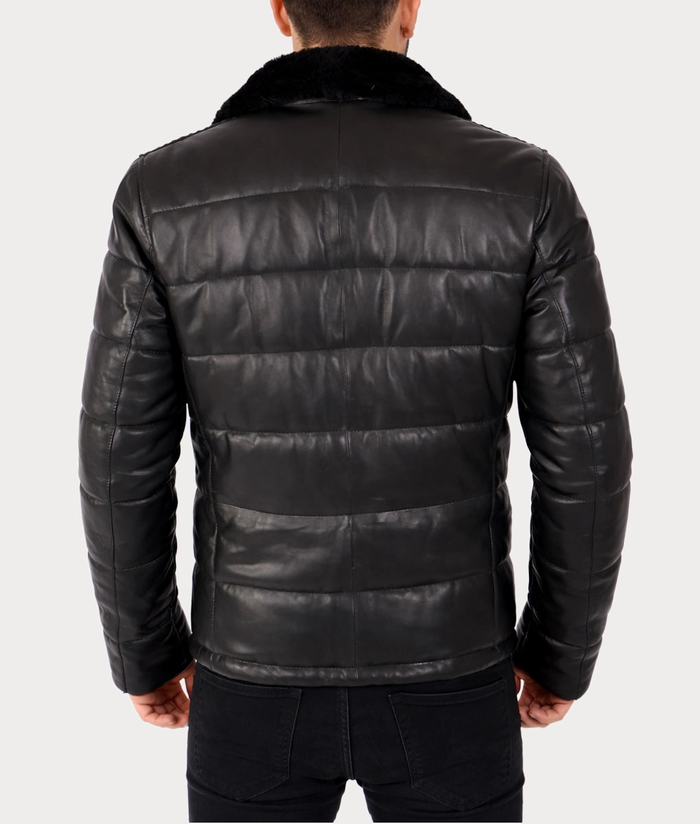 Neo Men's Black Faux Fur Shearling Lining Puffer Leather Jacket | Men's Black Faux Fur Shearling Lining Puffer Leather Jacket-3