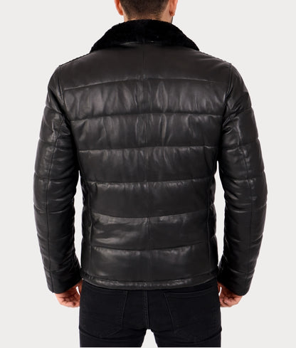 Neo Men's Black Faux Fur Shearling Lining Puffer Leather Jacket | Men's Black Faux Fur Shearling Lining Puffer Leather Jacket-3
