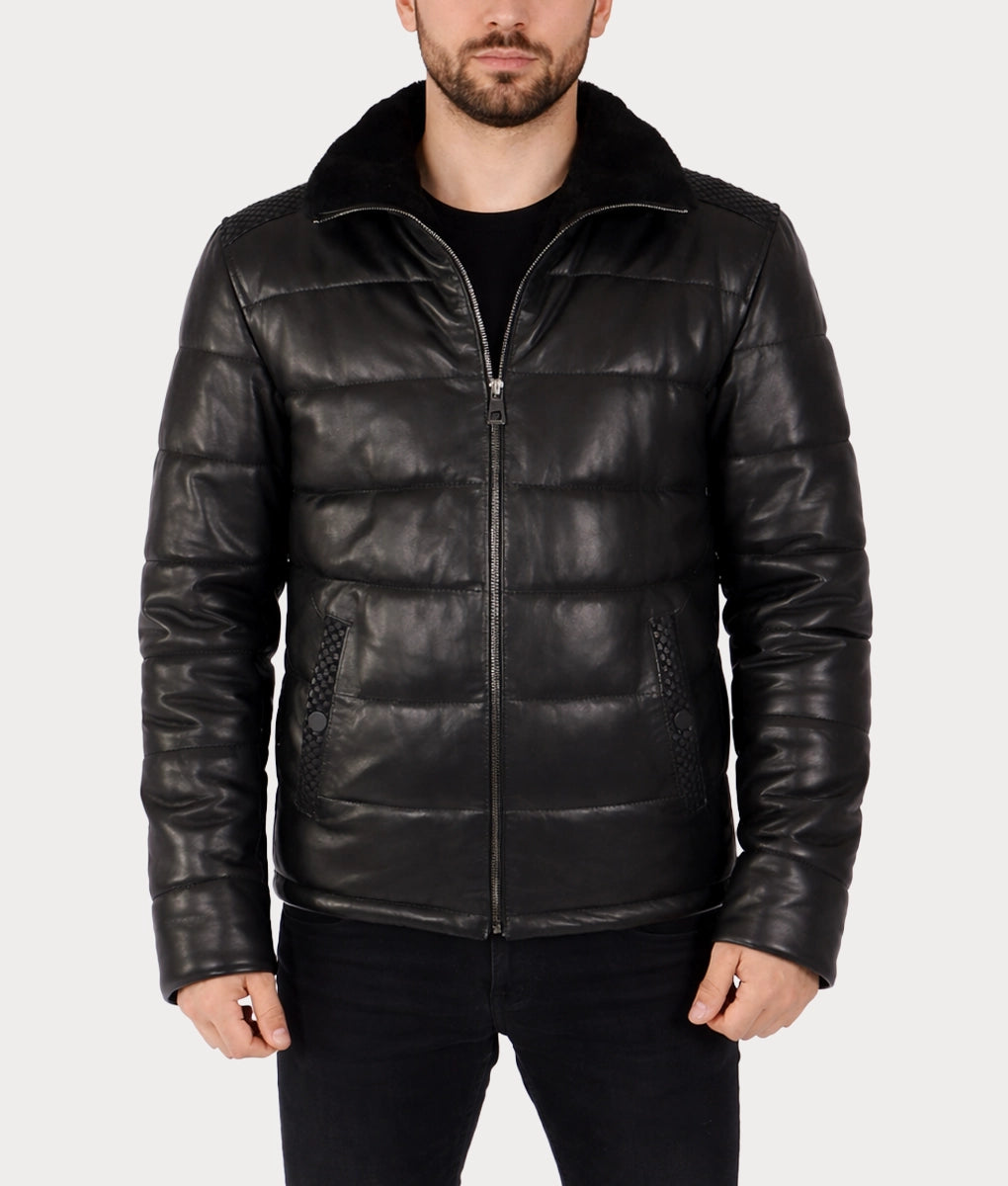 Neo Men's Black Faux Fur Shearling Lining Puffer Leather Jacket | Men's Black Faux Fur Shearling Lining Puffer Leather Jacket-1