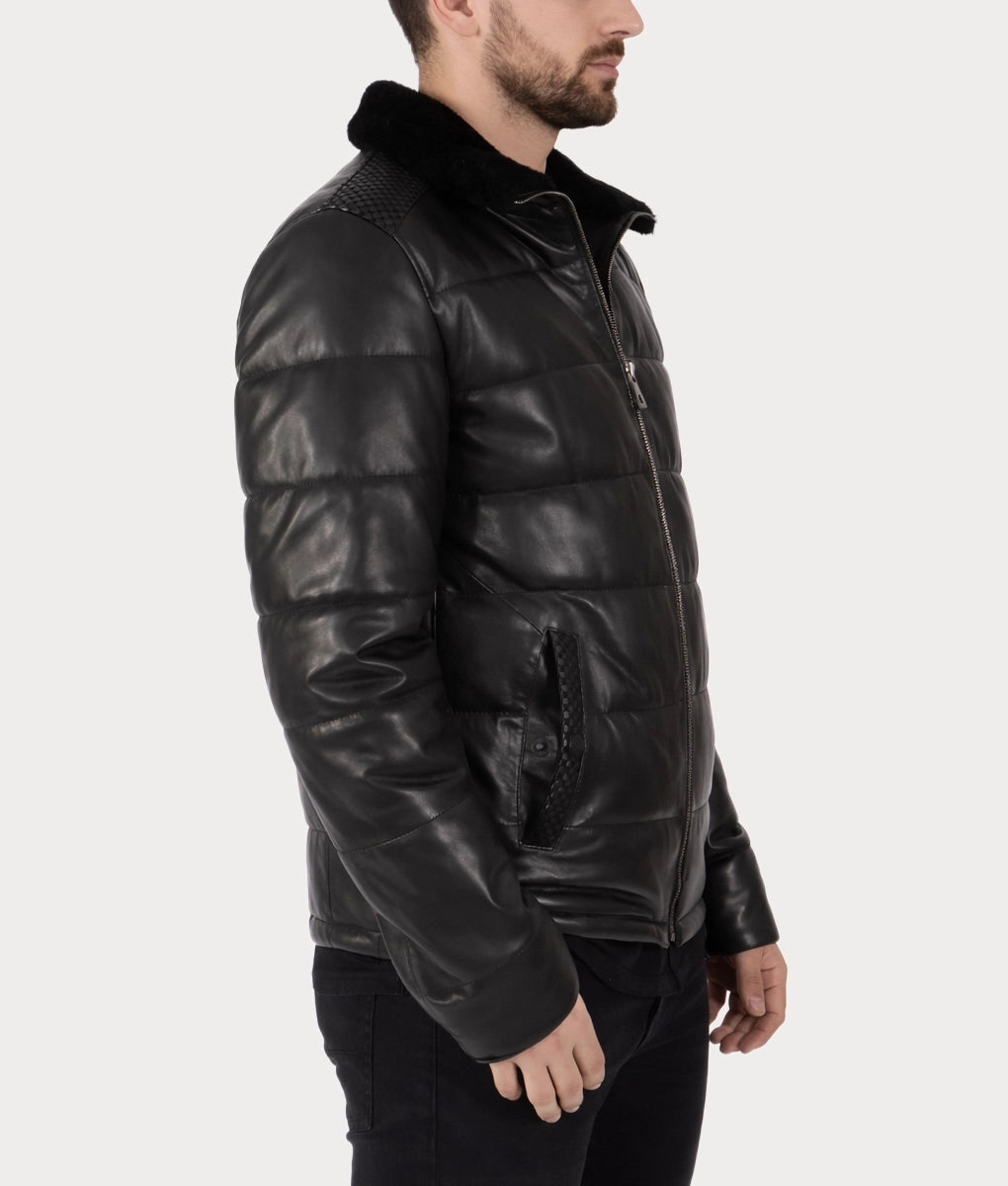 Neo Men's Black Faux Fur Shearling Lining Puffer Leather Jacket | Men's Black Faux Fur Shearling Lining Puffer Leather Jacket-2