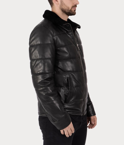 Neo Men's Black Faux Fur Shearling Lining Puffer Leather Jacket | Men's Black Faux Fur Shearling Lining Puffer Leather Jacket-2
