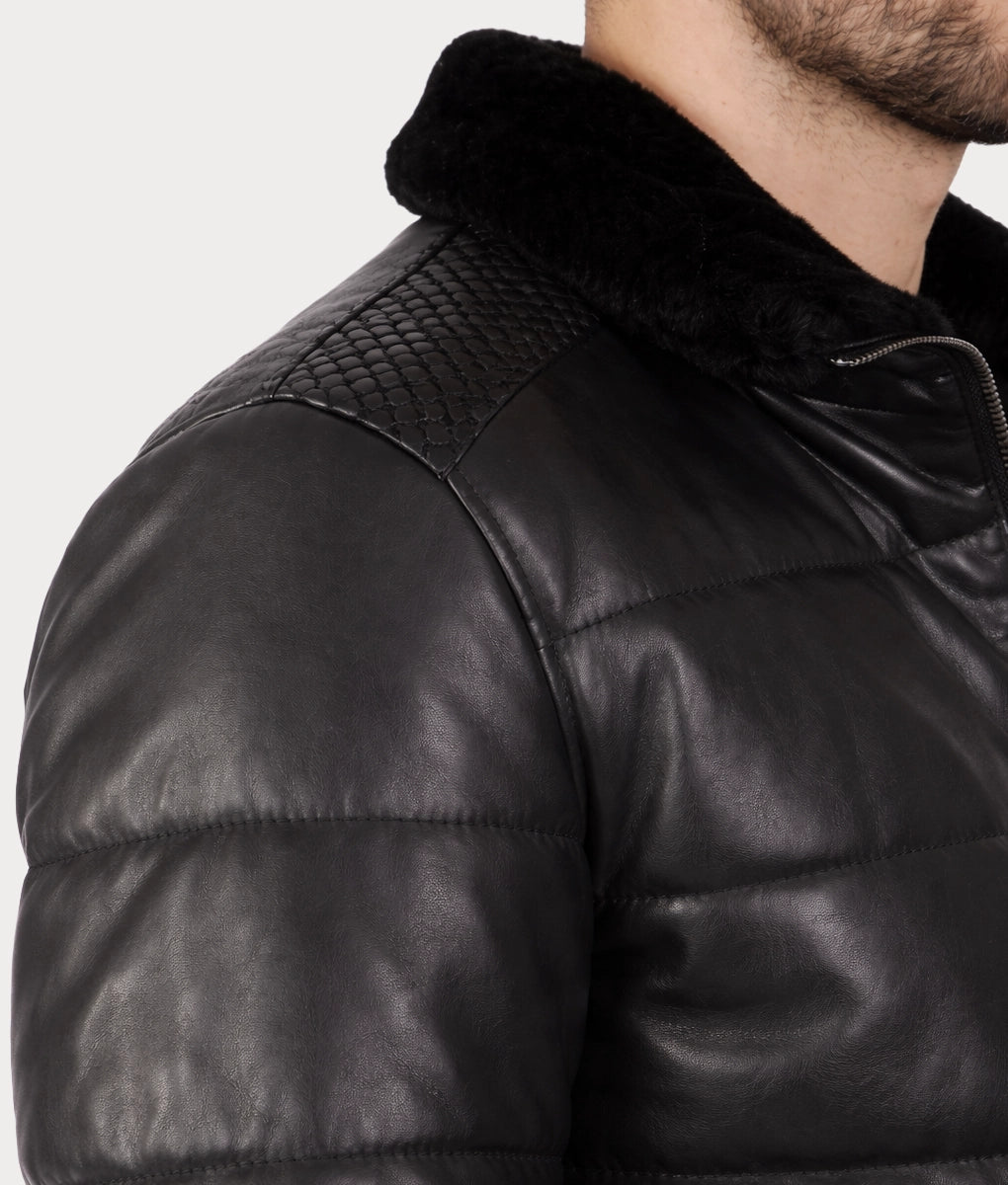 Neo Men's Black Faux Fur Shearling Lining Puffer Leather Jacket | Men's Black Faux Fur Shearling Lining Puffer Leather Jacket-4