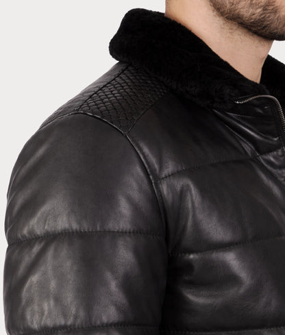 Neo Men's Black Faux Fur Shearling Lining Puffer Leather Jacket | Men's Black Faux Fur Shearling Lining Puffer Leather Jacket-4