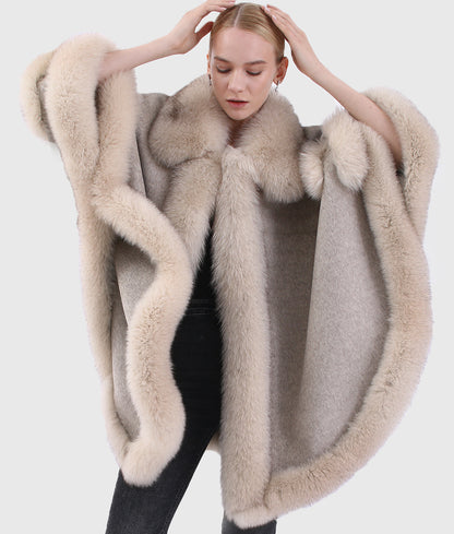 Neo Women Grey Long Cashmere Coat With Mink Fur Collar