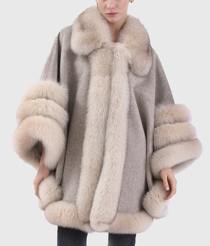 Neo Women Grey Long Cashmere Coat With Mink Fur Collar