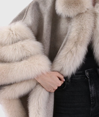 Neo Women Grey Long Cashmere Coat With Mink Fur Collar