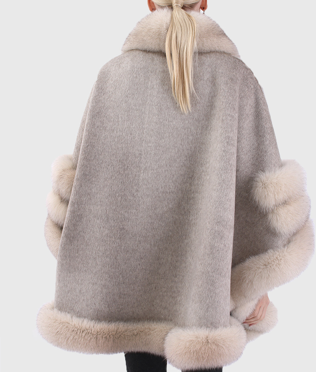 Neo Women Grey Long Cashmere Coat With Mink Fur Collar