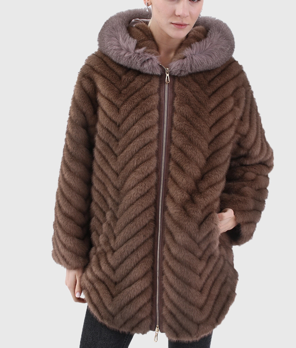 Penny Women Brown Long Fox Fur Coat With Hood-4