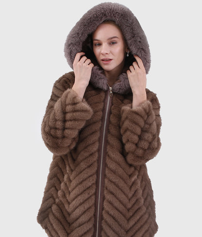 Penny Women Brown Long Fox Fur Coat With Hood-5