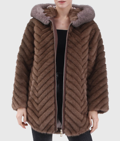 Penny Women Brown Long Fox Fur Coat With Hood-1