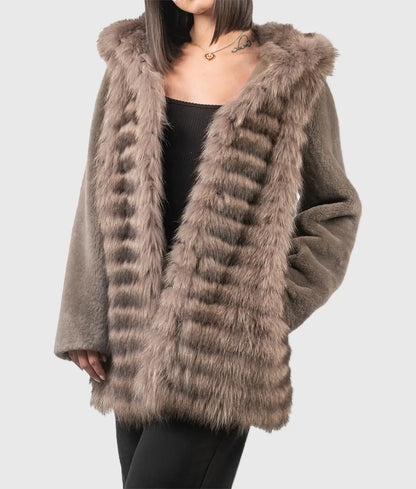 Piane Women Brown Hooded Raccoon Fur Jacket