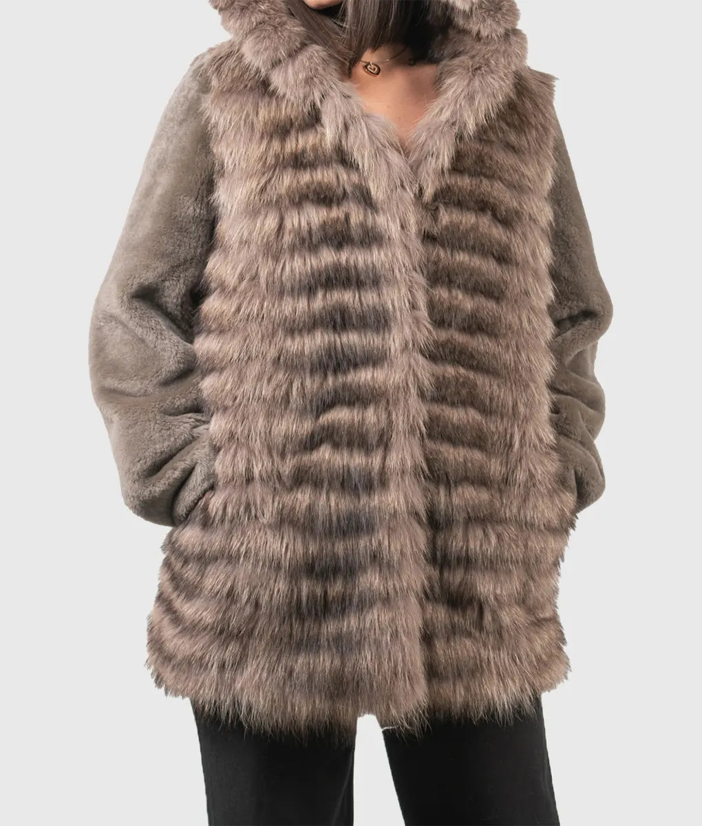 Piane Women Brown Hooded Raccoon Fur Jacket