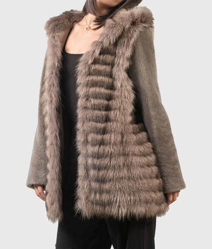 Piane Women Brown Hooded Raccoon Fur Jacket