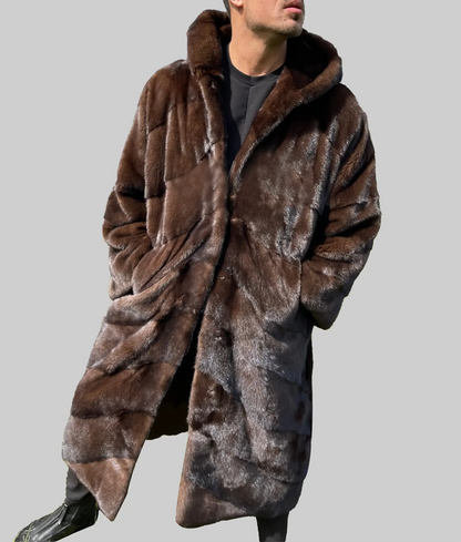 Polly Men Black Mink Full Length Coat With Double Side Hood - Men Black Mink Full Length Coat With Double Side Hood-2