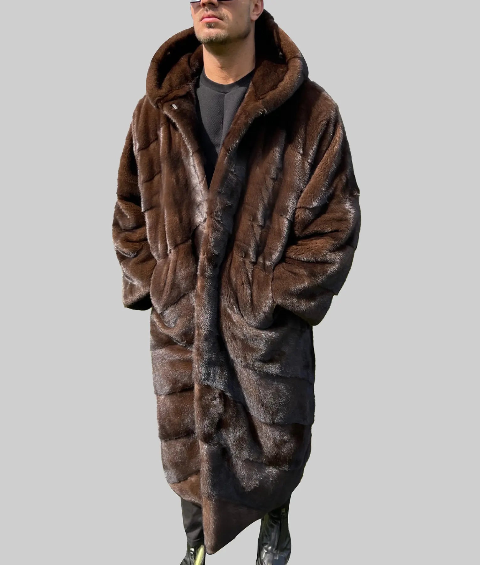 Polly Men Black Mink Full Length Coat With Double Side Hood - Men Black Mink Full Length Coat With Double Side Hood-1