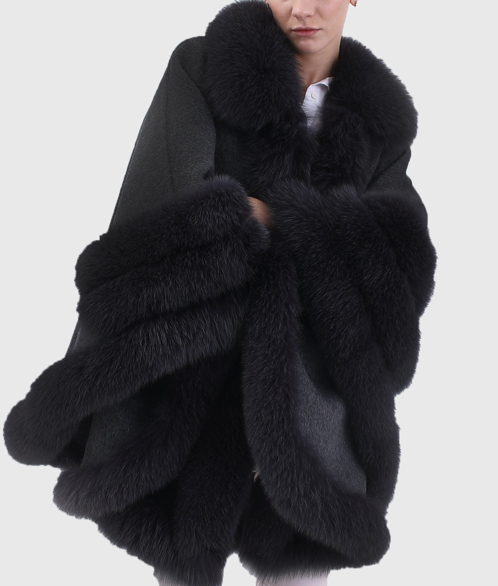 Rexona Women Black Cashmere Coat With Mink Fur Collar