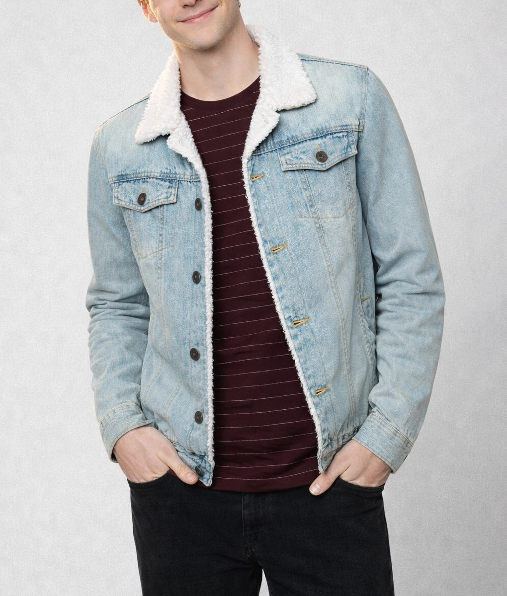 Robin Men's Blue Trucker Faux Fur Shearling Denim Jacket | Men's Blue Trucker Faux Fur Shearling Denim Jacket-2