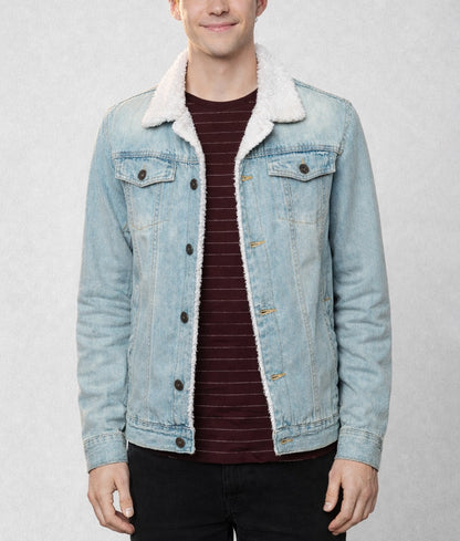 Robin Men's Blue Trucker Faux Fur Shearling Denim Jacket | Men's Blue Trucker Faux Fur Shearling Denim Jacket-1