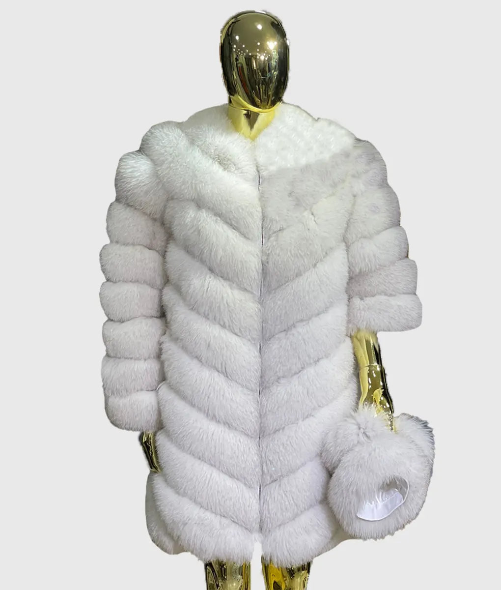 Rogues Women White Shearling Fur Coat Long