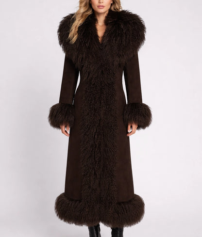 Roma Women's Dark Brown Suede Faux Fur Trim Coat