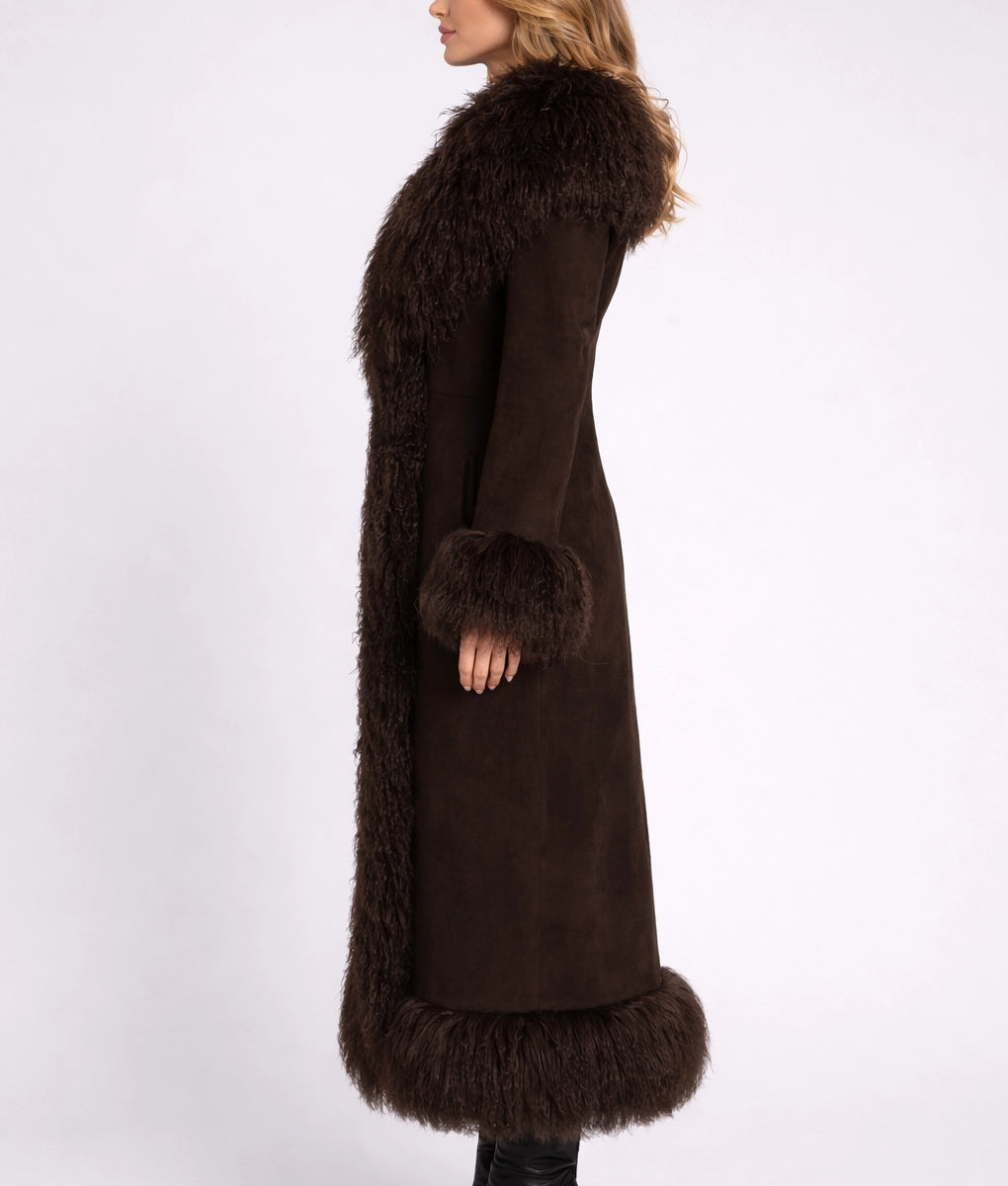 Roma Women's Dark Brown Suede Faux Fur Trim Coat